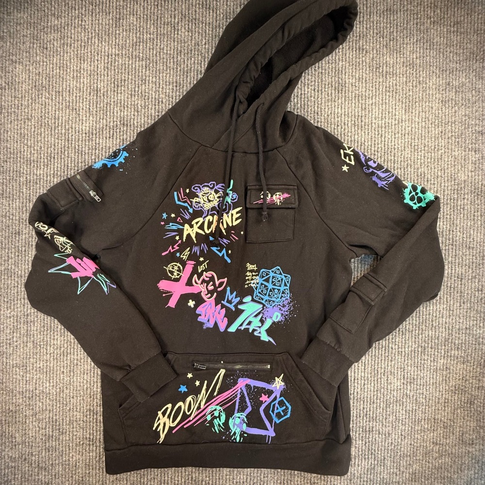 Arcane Jinx Graffiti hoodie Men's Small black Fishbones Ekko zip pocket unisex